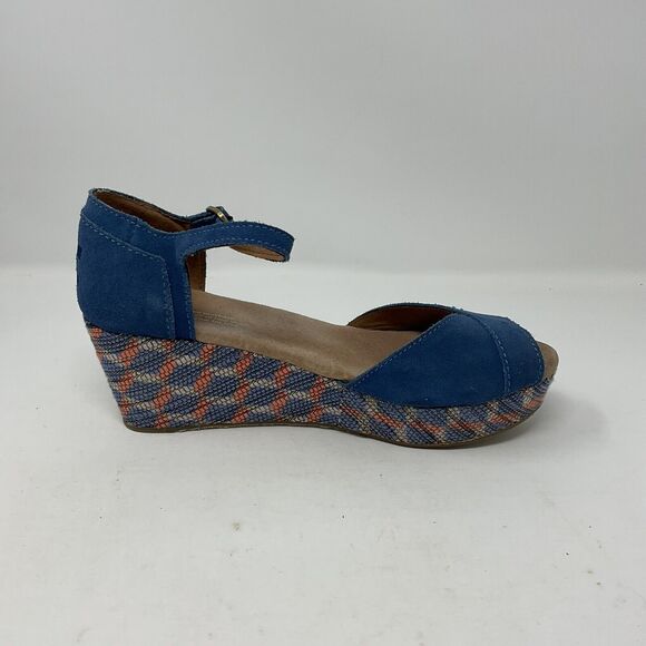 Toms Wedge Heel Shoes 7.5 Blue Suede Geometric Open Toe Sandals Ankle Strap - Picture 14 of 15